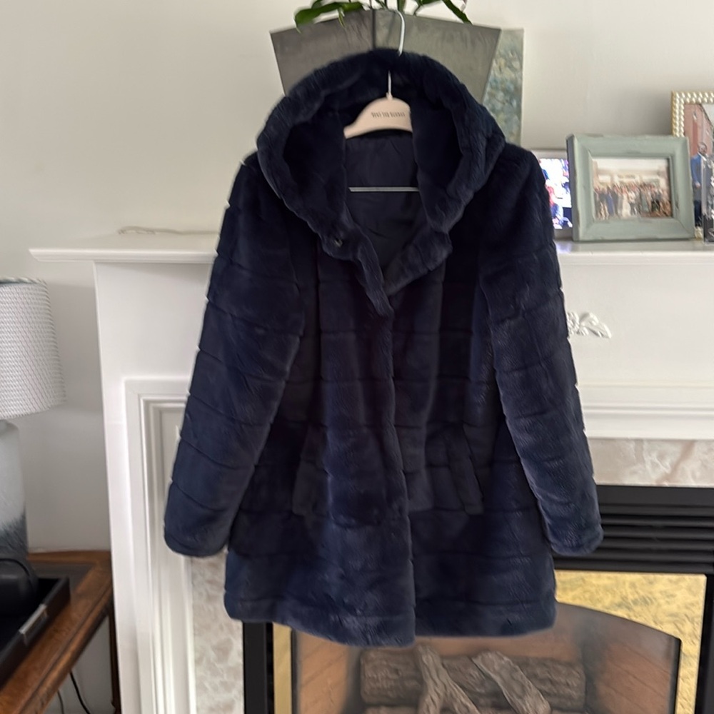 Hooded Navy faux fur teddy jacket